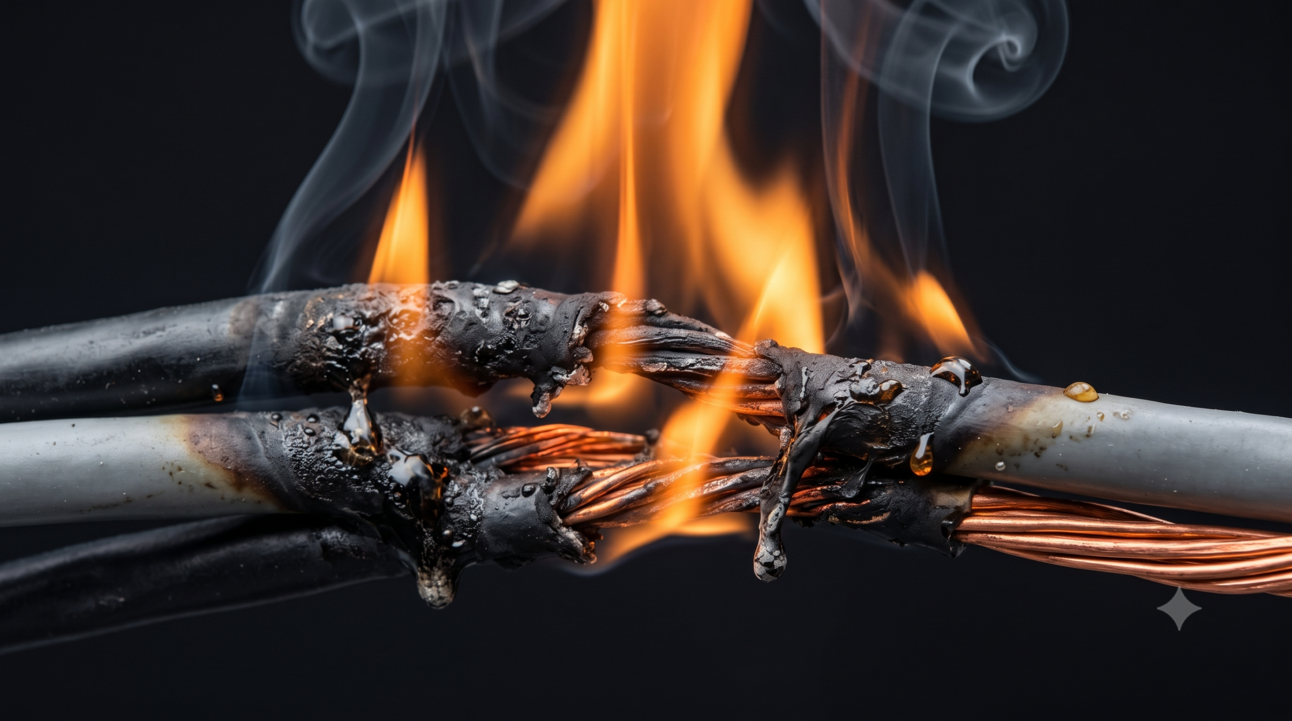 Hazardous electrical wiring melting and burning from a short circuit.