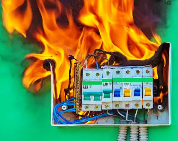 Overloaded electrical circuit breaker panel catching fire illustrating the danger of inadequate overcurrent protection by ACES Pattaya