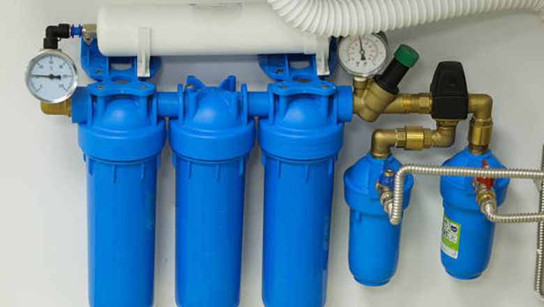 ACES Pattaya three-stage whole-house water filtration system with pressure gauge and multi-cartridge plumbing manifold