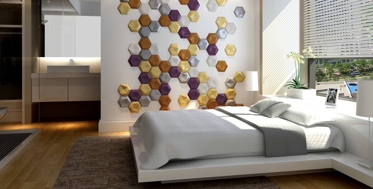 Custom geometric 3D wall covering and feature wall design supplied and installed in a luxury bedroom by ACES Pattaya