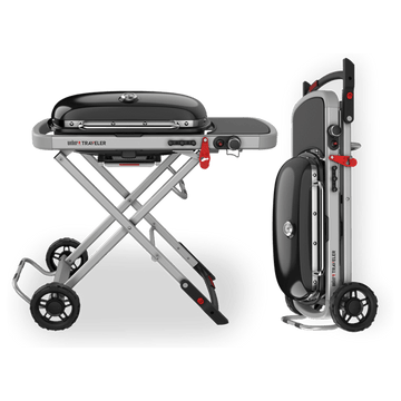 Weber Traveler portable gas barbecue grill folded compact and standing upright supplied by ACES Pattaya
